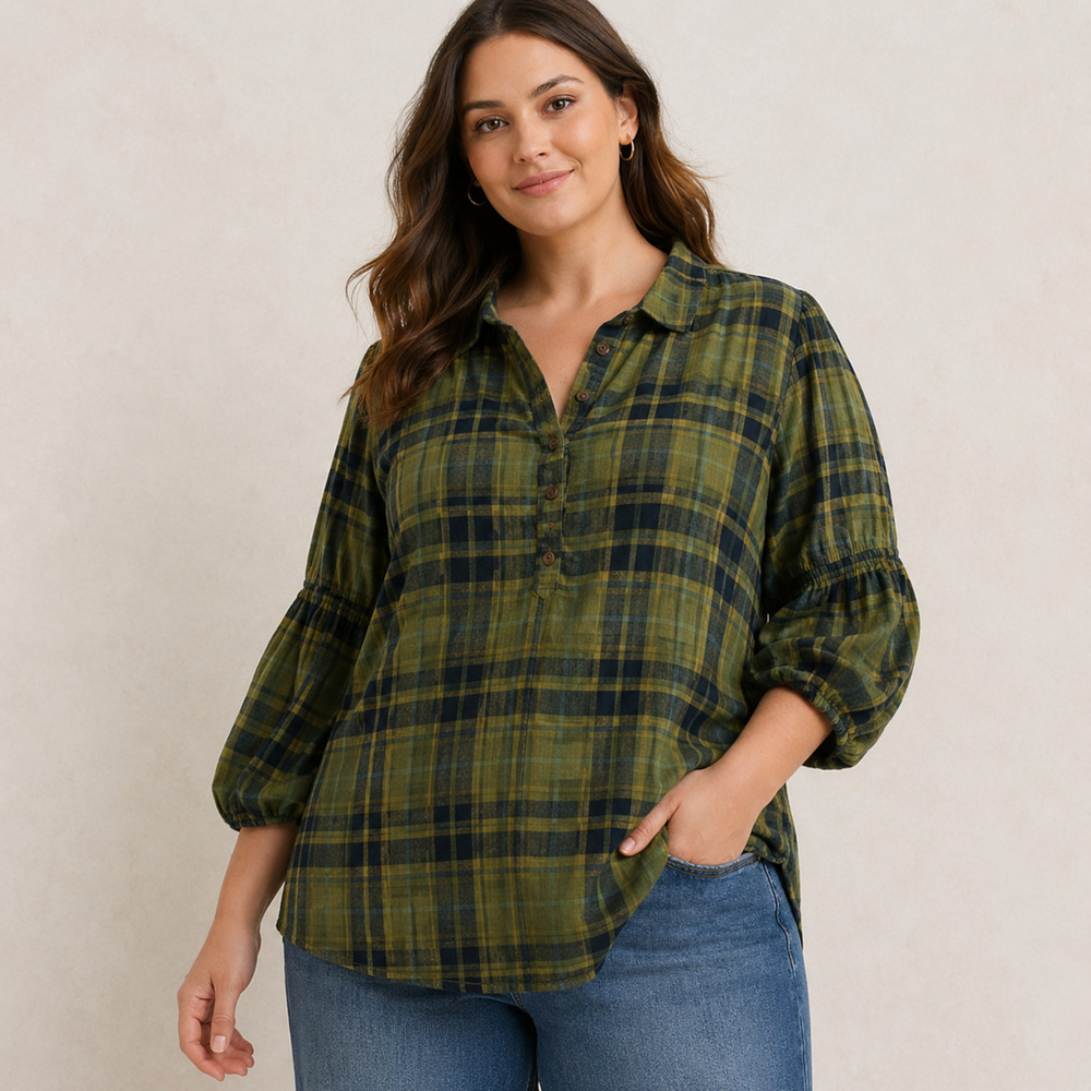 Anthropologie Pilcro Tallulah Puff Sleeve Plaid Top XL Olive Green Navy